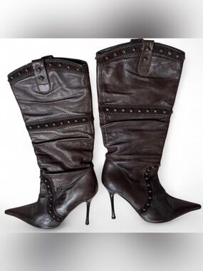 El Dantes Diseño Marco Brown Iridescent Leather Studded Stiletto Knee Boot EU 37